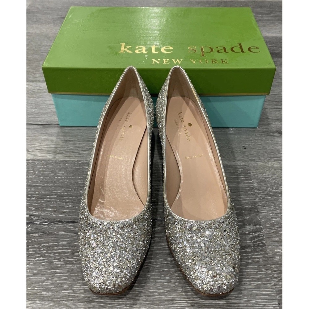 Kate Spade Dolores Silver/Gold‎ Glitter Block Heel Pumps Women's Sz 7 M NWT - Picture 3 of 9